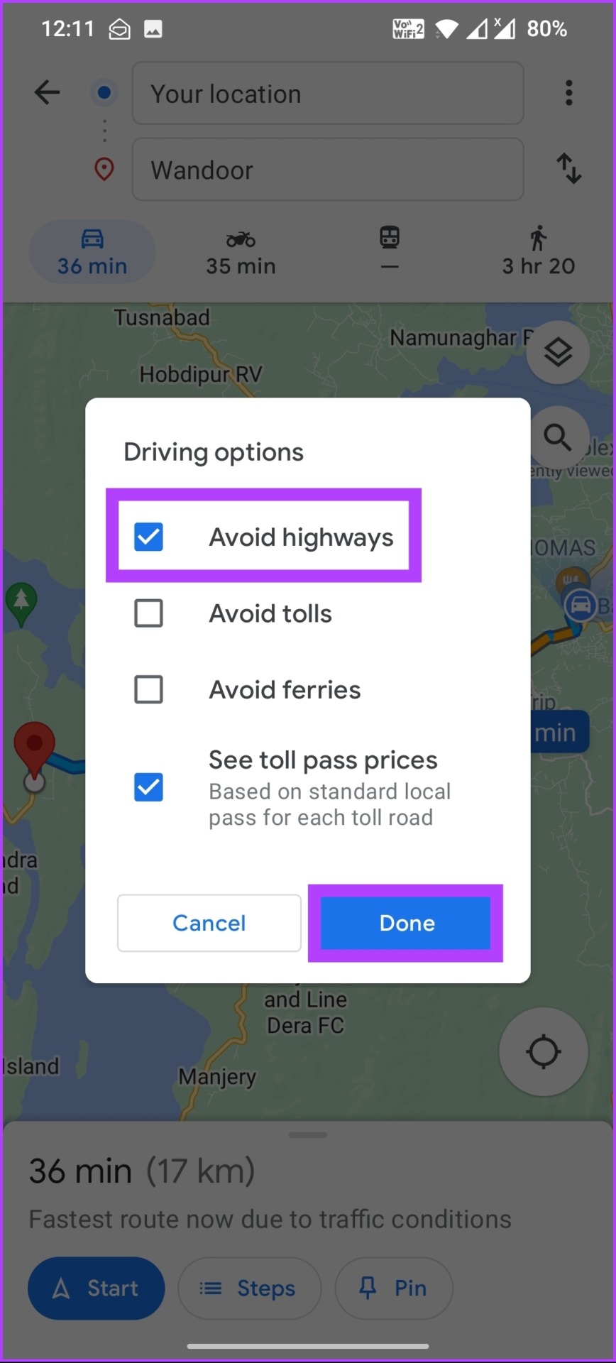 select Avoid highways