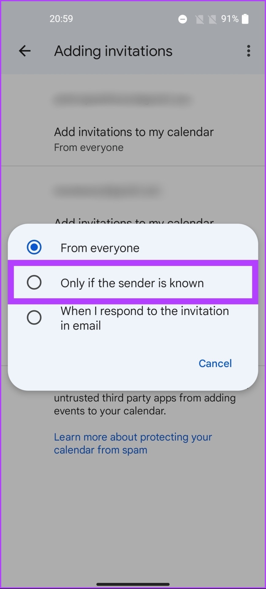 choose between the 'From everyone,' 'Only if the sender is known,' or 'When I respond to the invitation in email' option. 