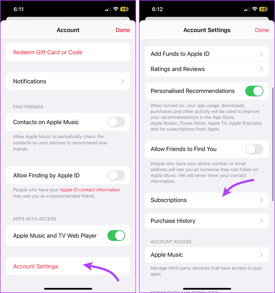 Tap Account Settings → Subscriptions