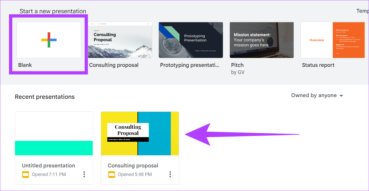 Click on Blank to start a new project or click on the Google Slide you want to edit.