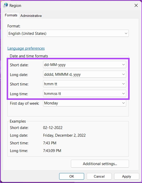 change the Date and time formats
