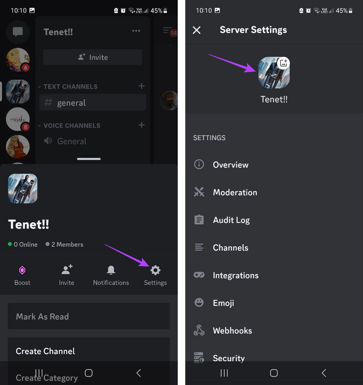 Tap on Settings & tap on server avatar