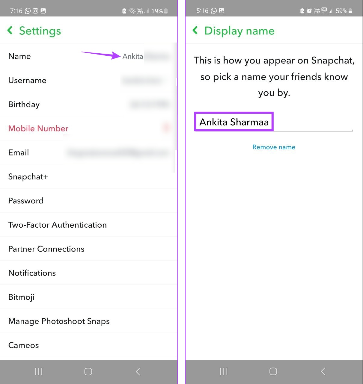Open display name in Snapchat settings