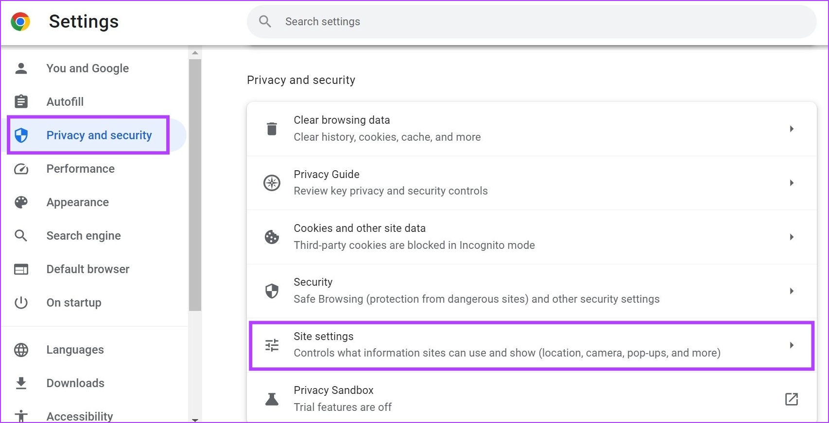 Open Privacy settings & click on Site settings
