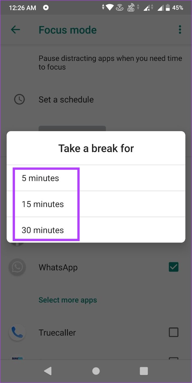Select the break duration