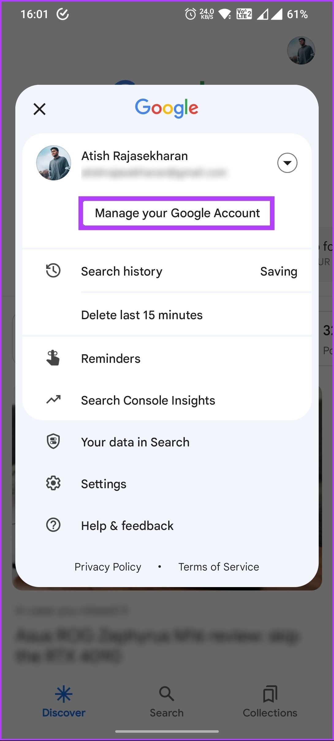 Select 'Manage your Google Account'