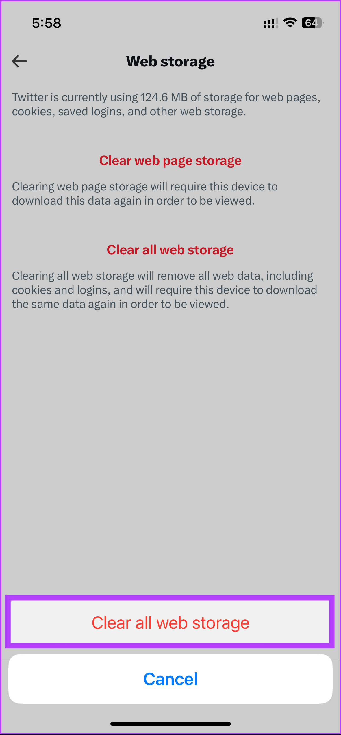 select 'Clear all web storage'