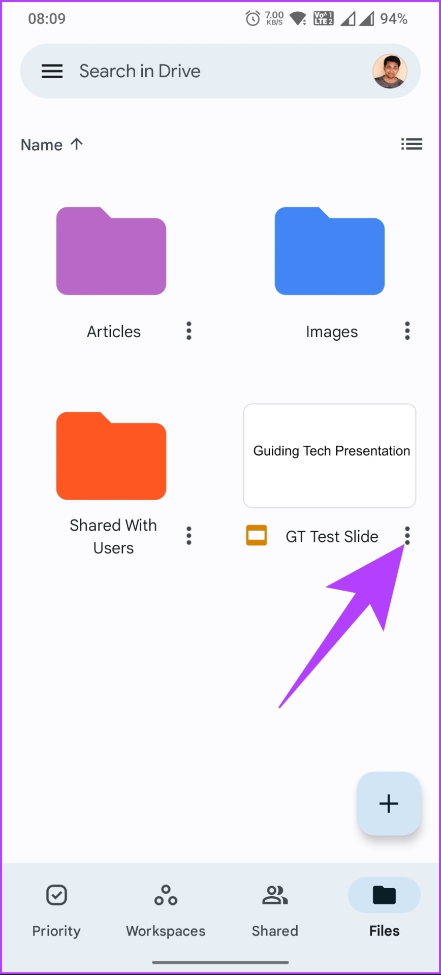 Toque el icono de tres puntos en el archivo de Presentaciones de Google seleccionado