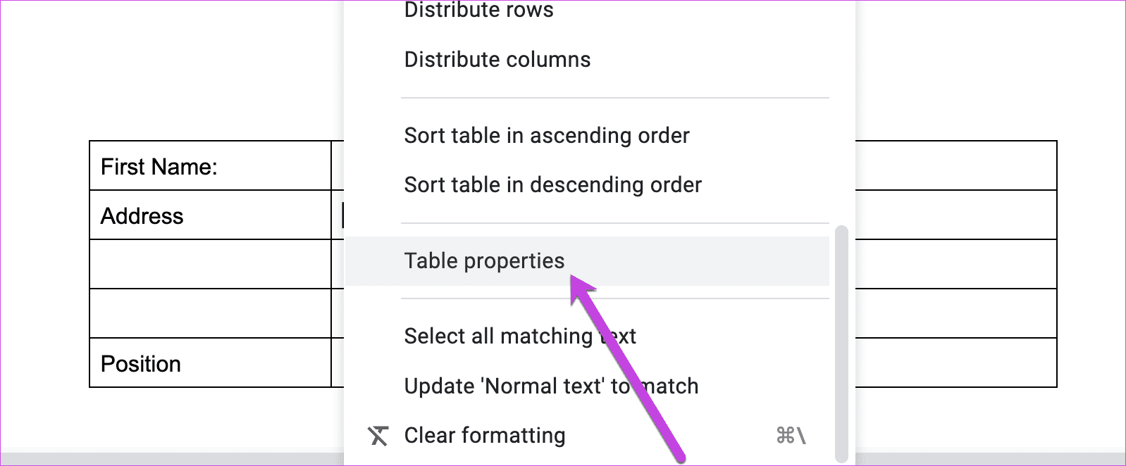 Editing table properties