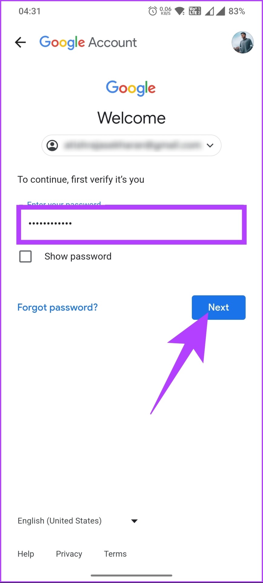 Enter your Google password and tap Next