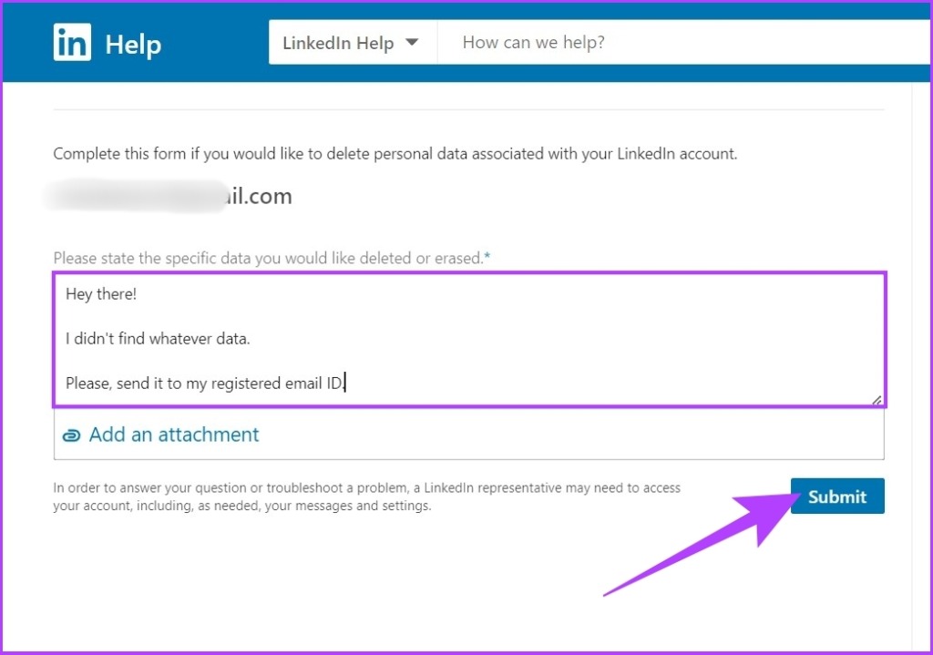 Complete el formulario de eliminación de datos de LinkedIn