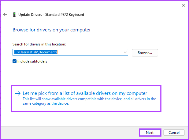 Click on ‘Let me pick from a list of available drivers on my computer.’