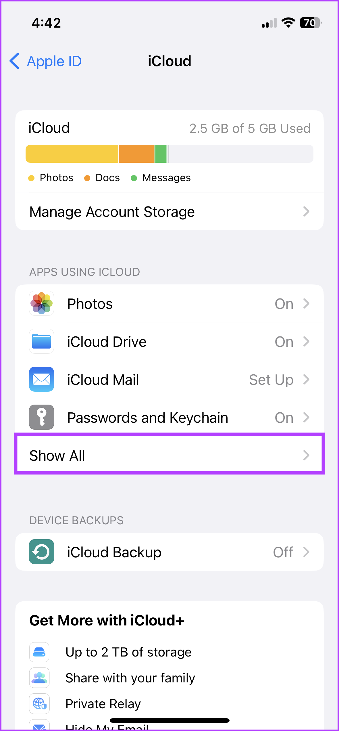 Tap Show All to view apps that use iCloud