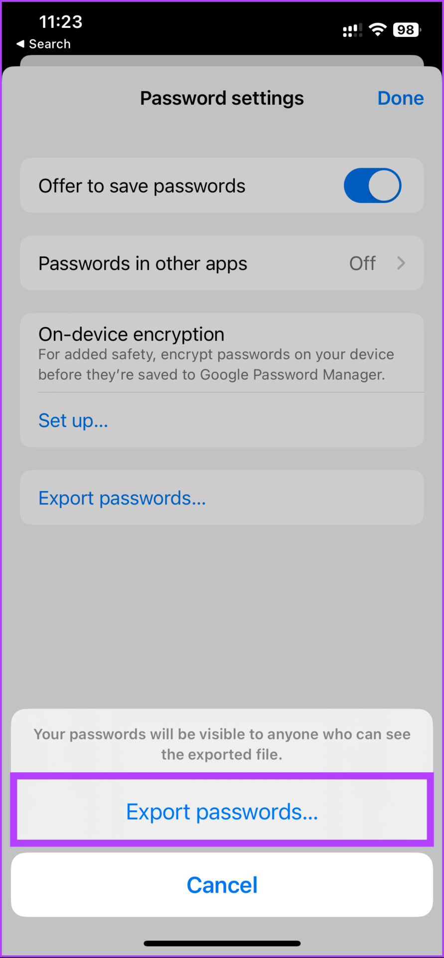 select Export passwords