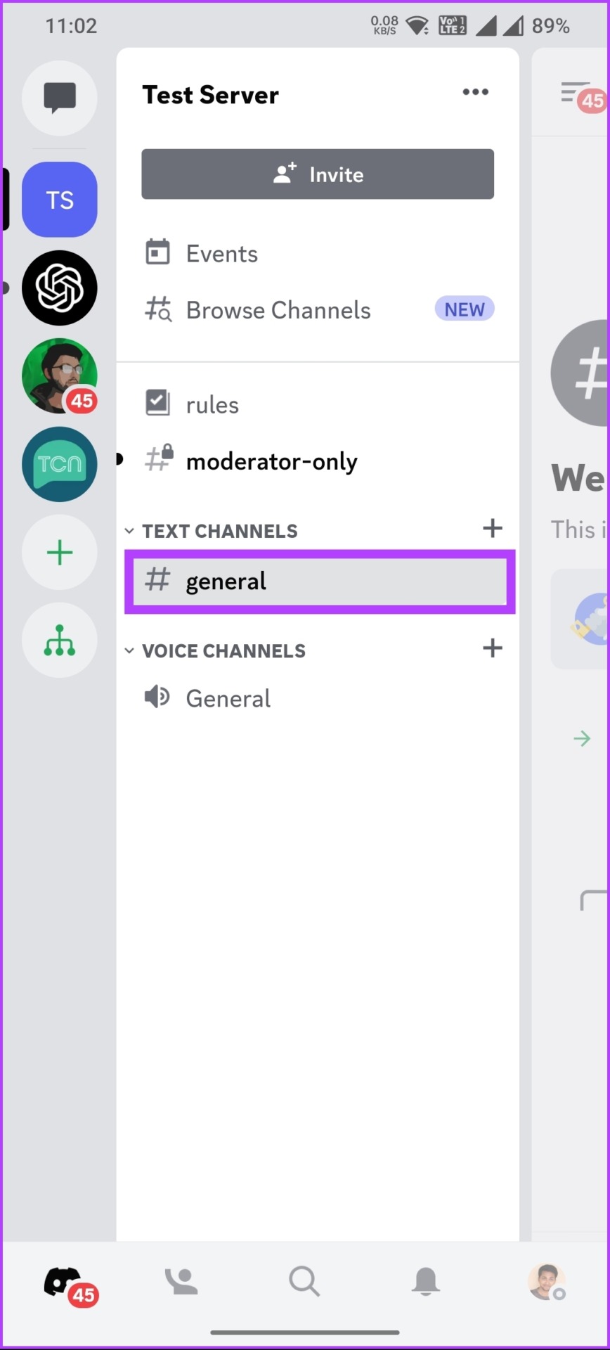 press and hold on the channel name under a server