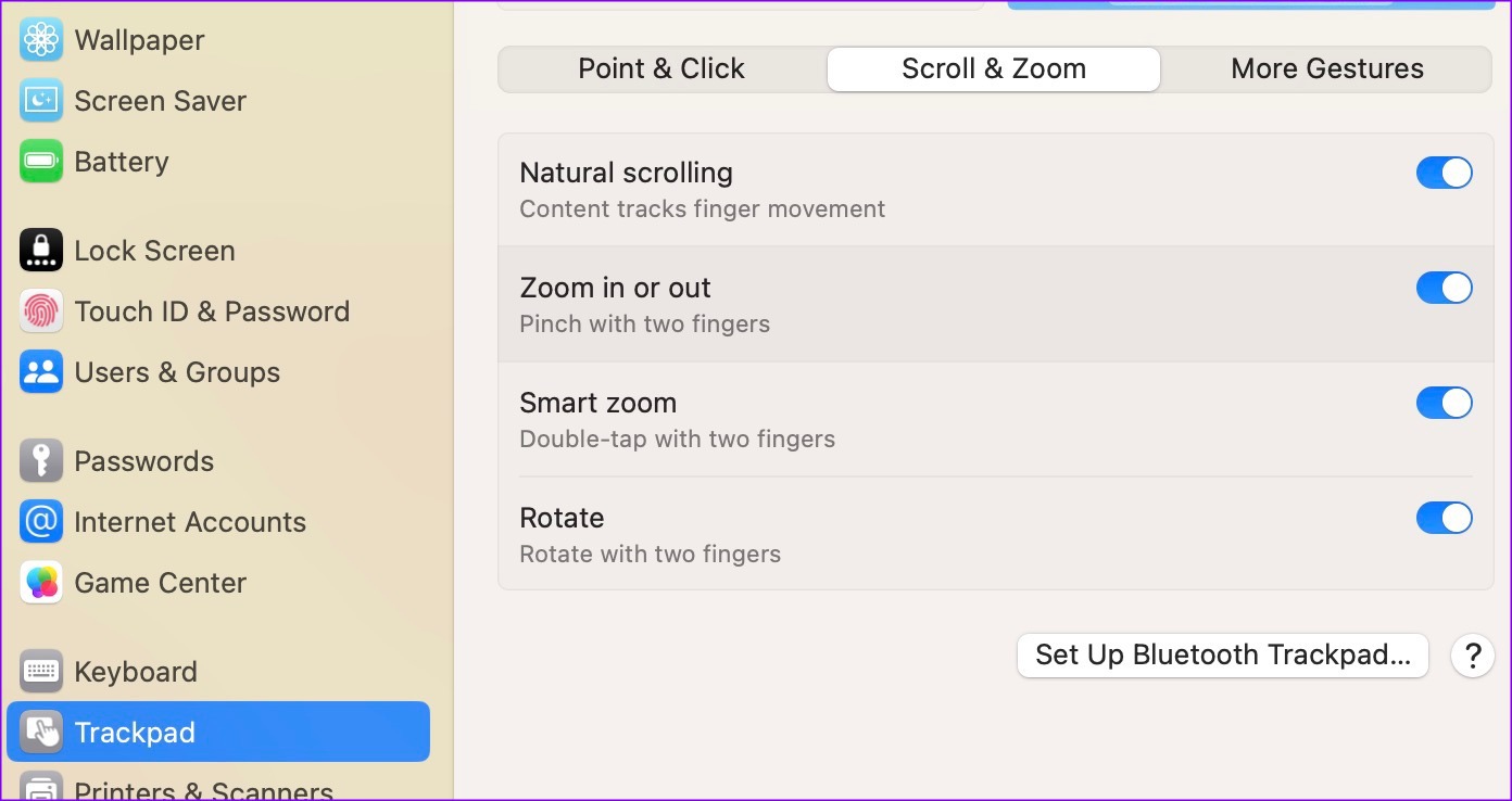 Gestures for scroll and zoom