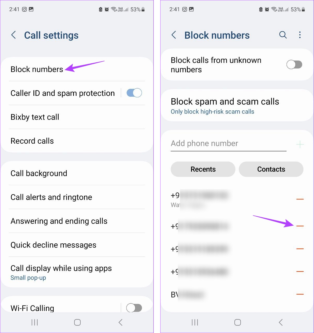 Tap on Block numbers & tap on the – icon