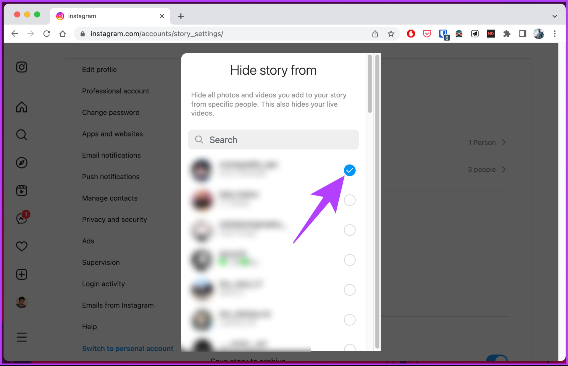 select the account you want to hide the story from displaying