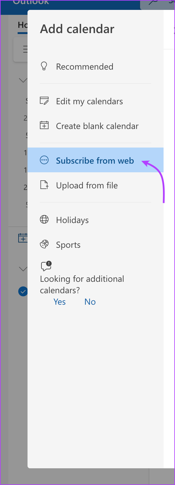 Click Subscribe to sync Google Calendar with Outlook
