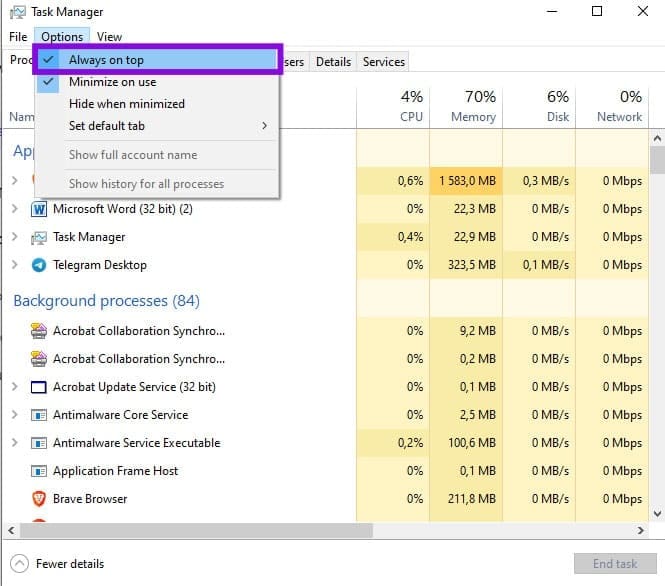 So behalten Sie den Task-Manager im Vordergrund 2