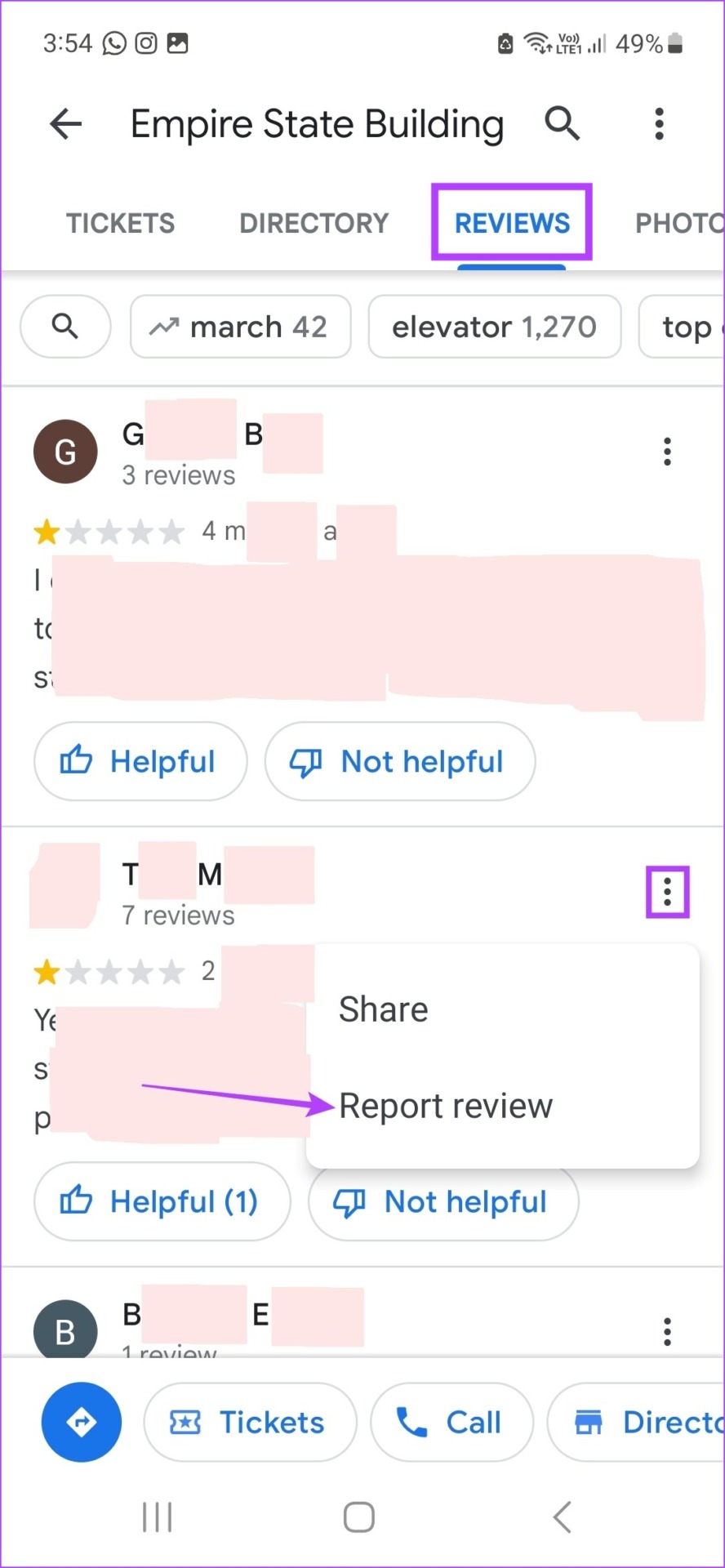Tap on three-dot icon & tap on Report review