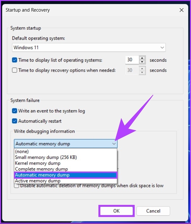 select Automatic memory dump