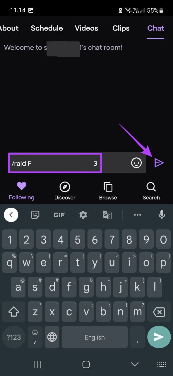 Type /Raid [channel] and tap on enter
