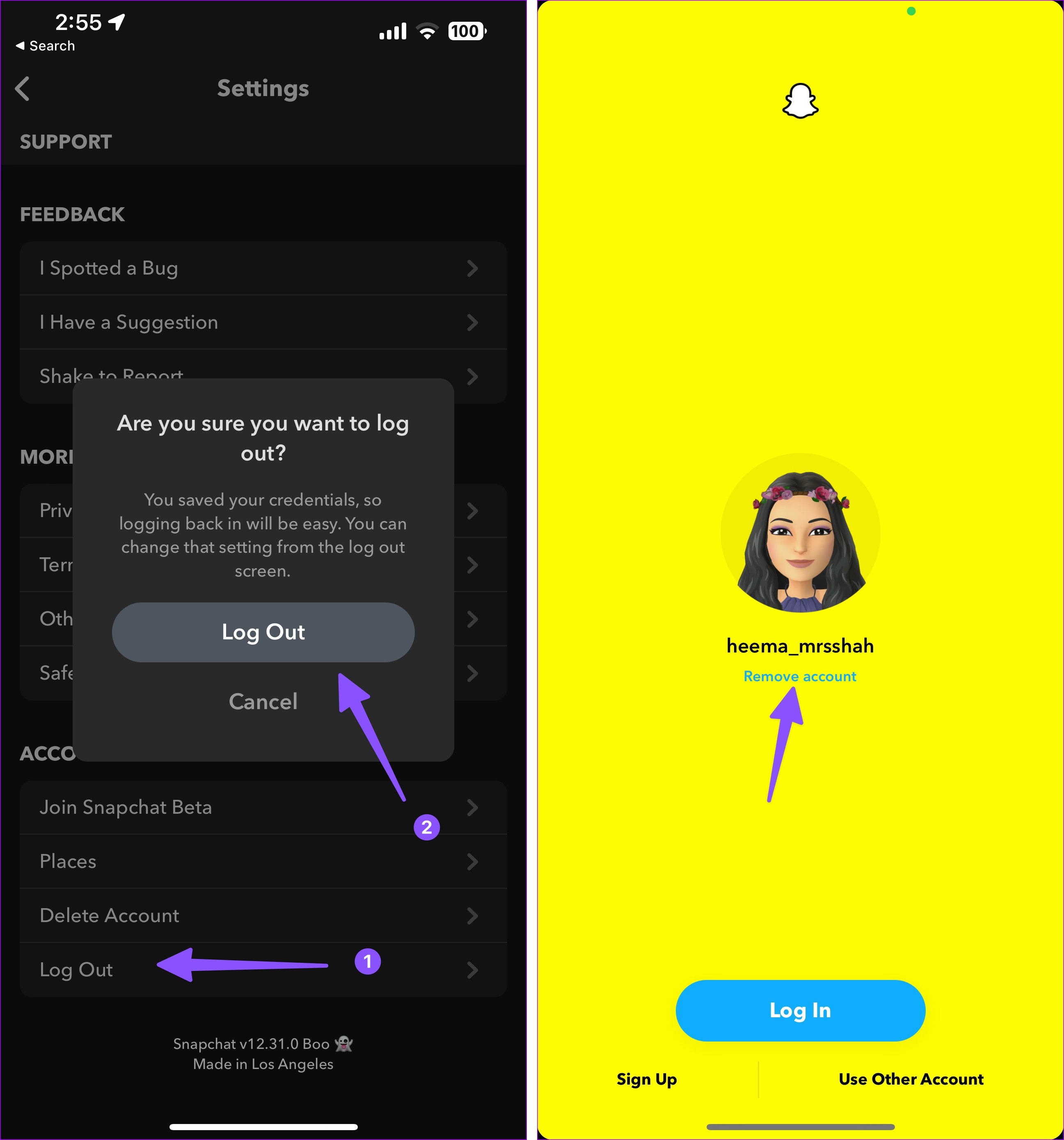 remove saved account on Snapchat