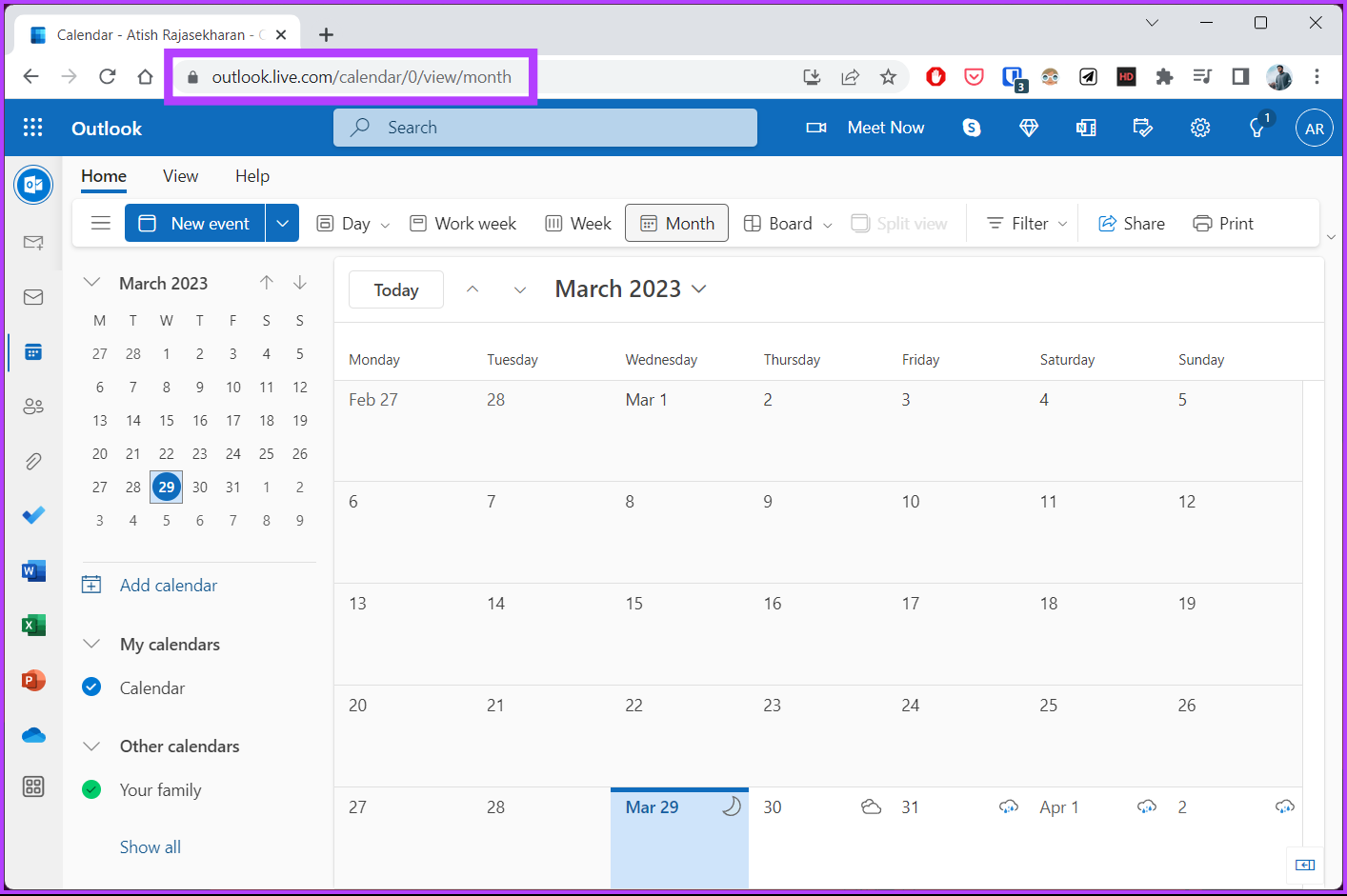 Go to Outlook Calendar from your preferred browser