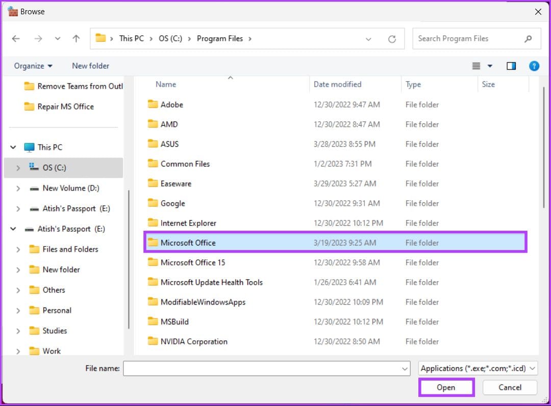 navigate to the Microsoft Office file location 