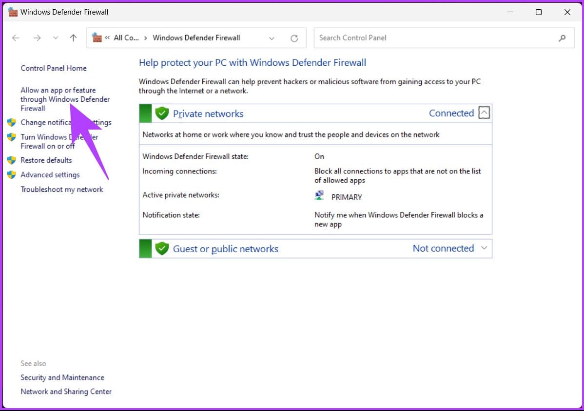 Click the 'Allow an app or feature through Windows Defender Firewall'