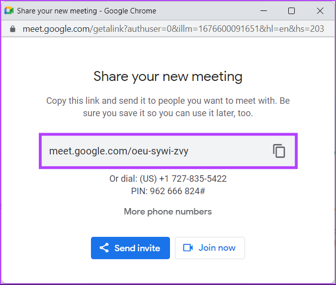A pop Window appears with details of your newly created meeting