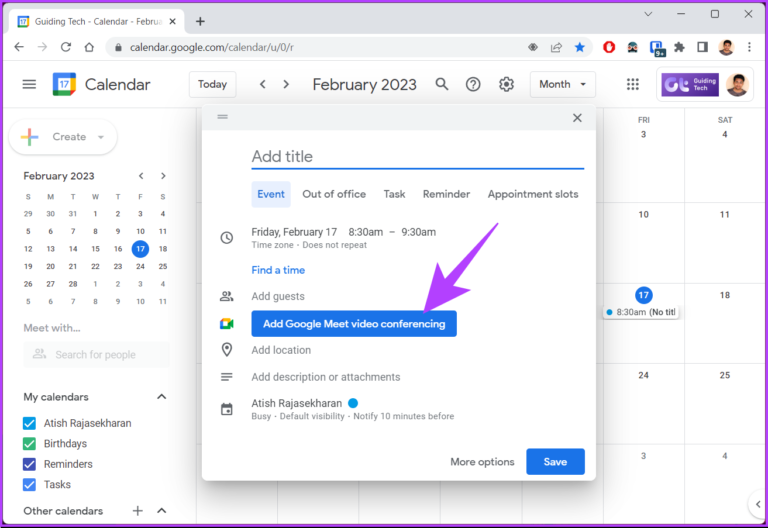 Click on "Add Google Meet video conferencing" and then "Save" to create the meeting.