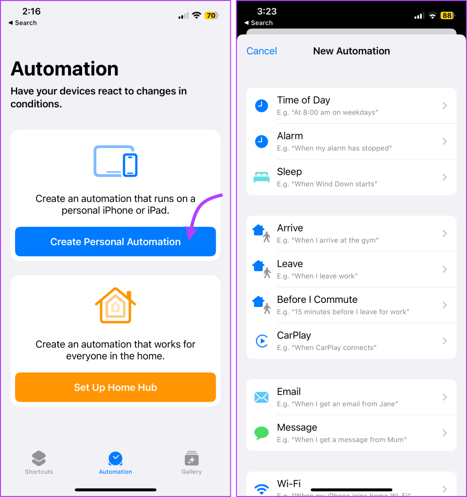 Tap Create personal automation