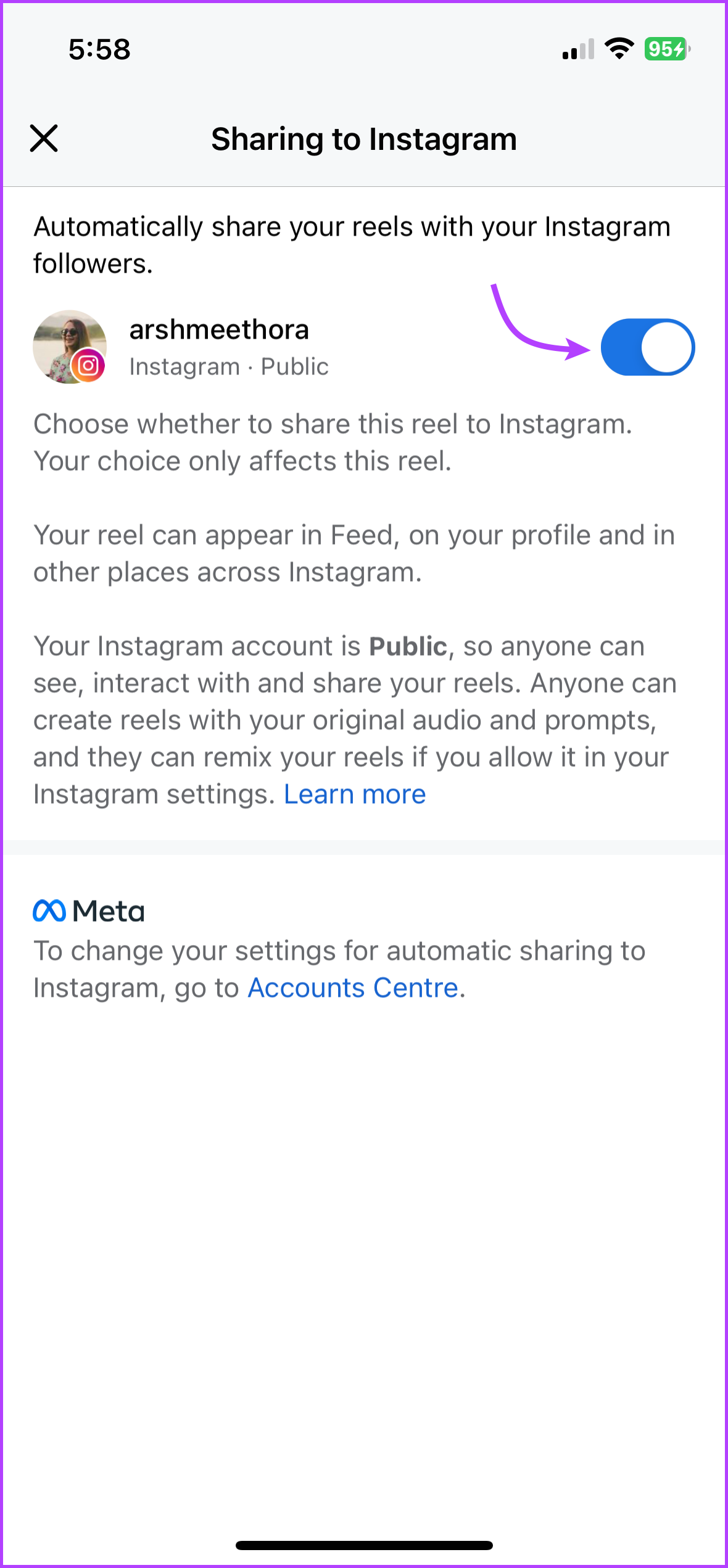 Toggle on to share the Facebook reel to Instagram 