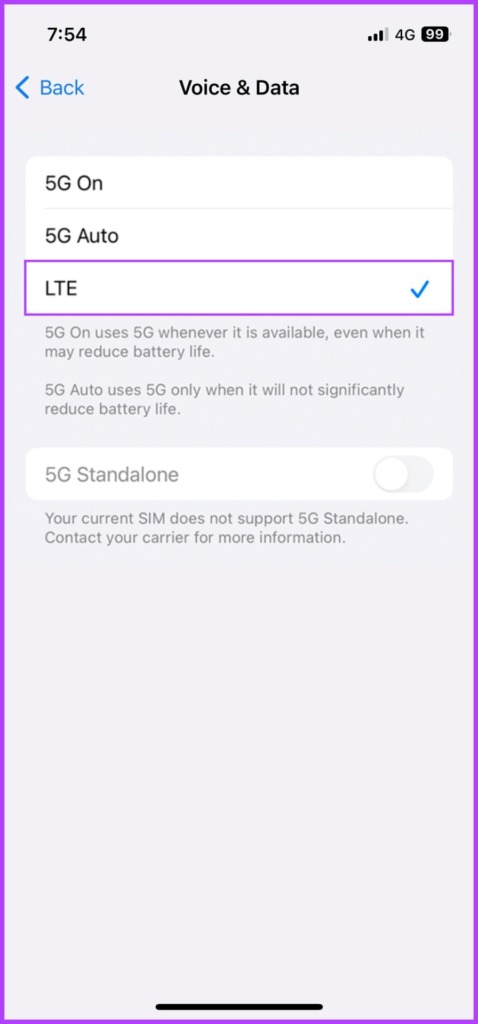 Select between LTE, 5G Auto, or 5G On