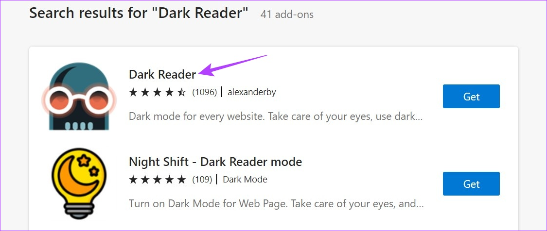بر روی پسوند Dark Reader کلیک کنید