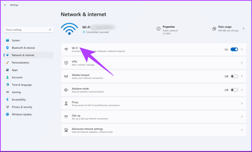 Select WiFi from the right pane