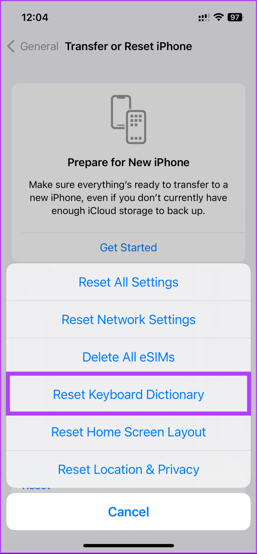 choose Reset Keyboard Dictionary'