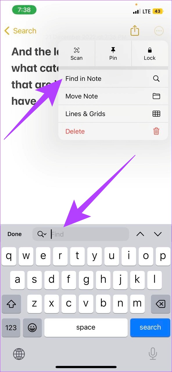 Tap on Find in Note and type the search text