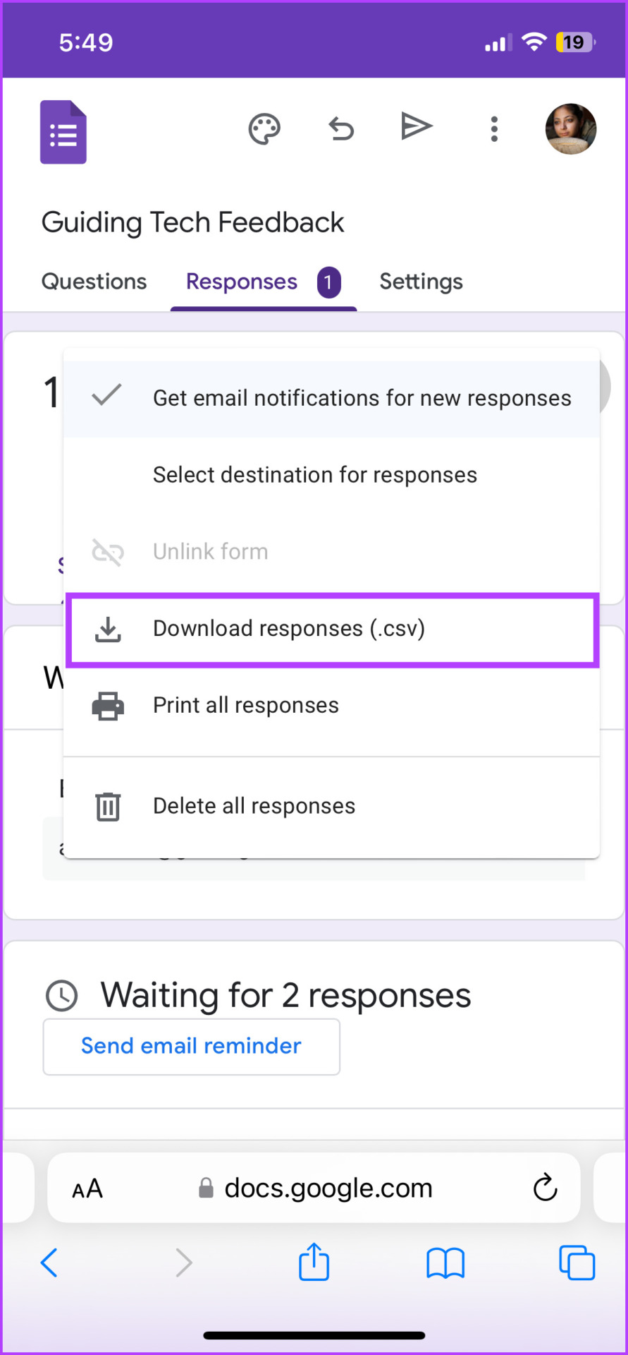 Tap the three-dot icon to export or print responses