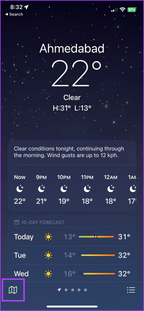 Open Weather app and tap the map icon
