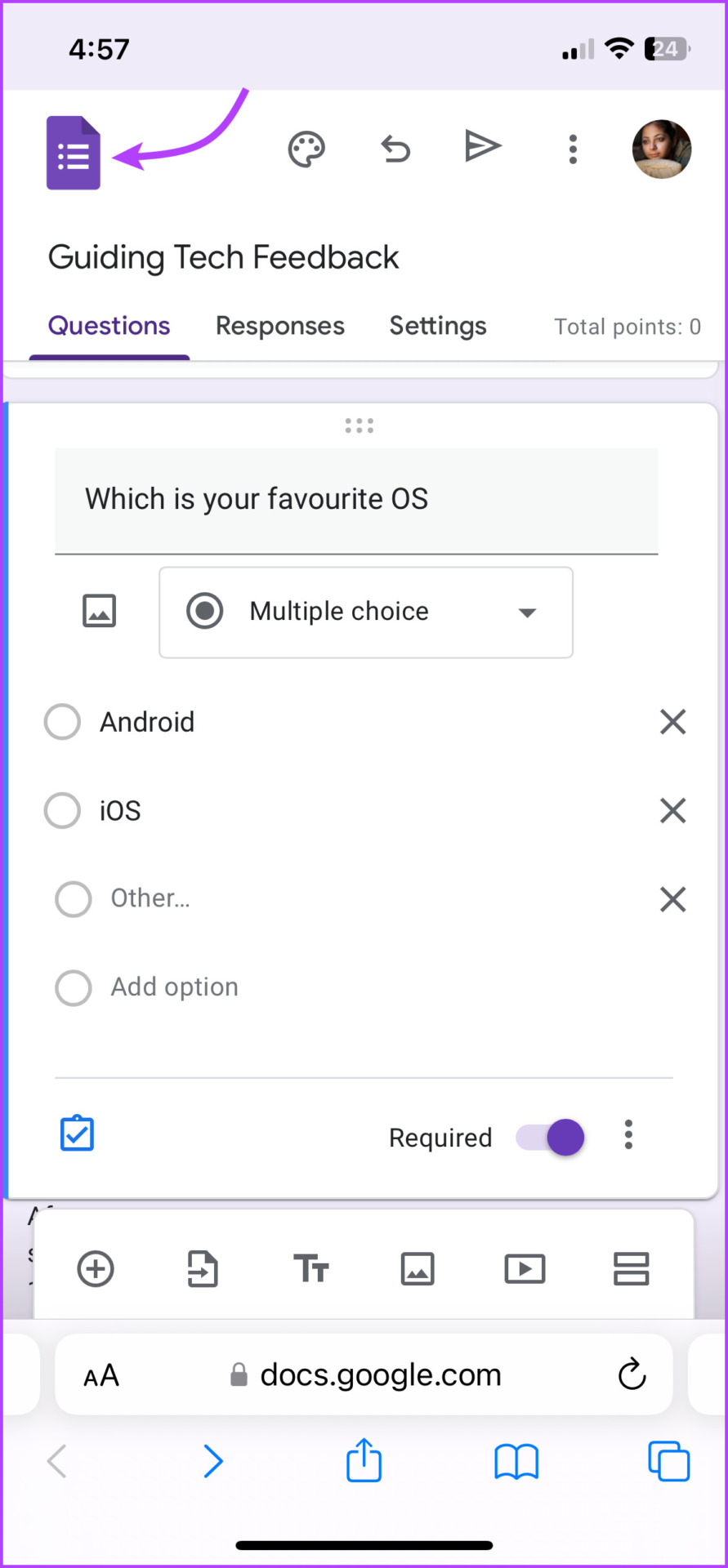 Tap the Google Forms icon from the top-left corner
