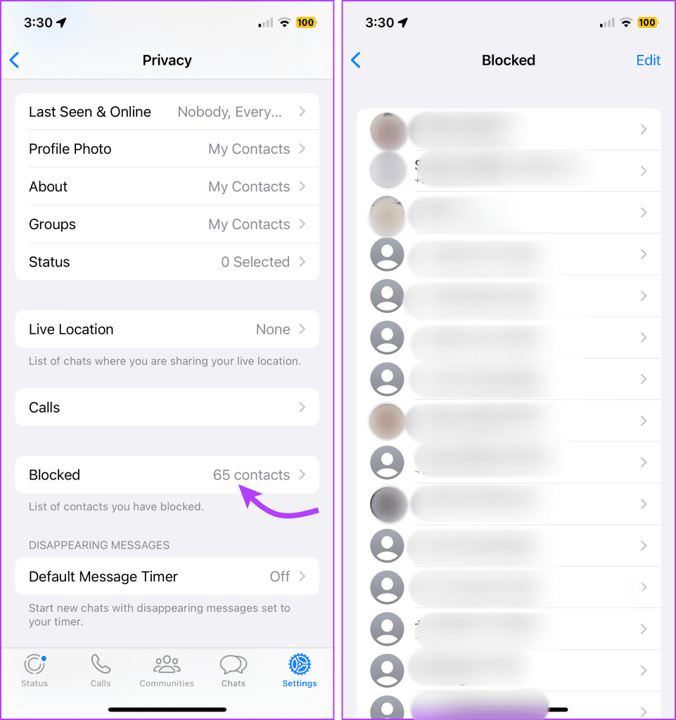 Tap Settings → Privacy and then Blocked contact 