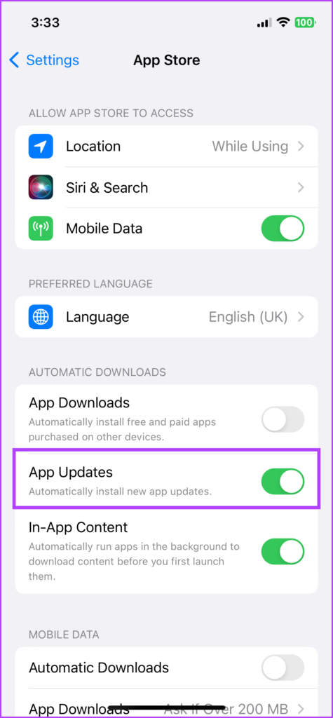 Toggle on App Updates