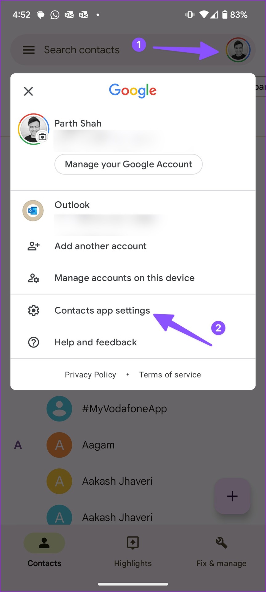 contacts app settings on android