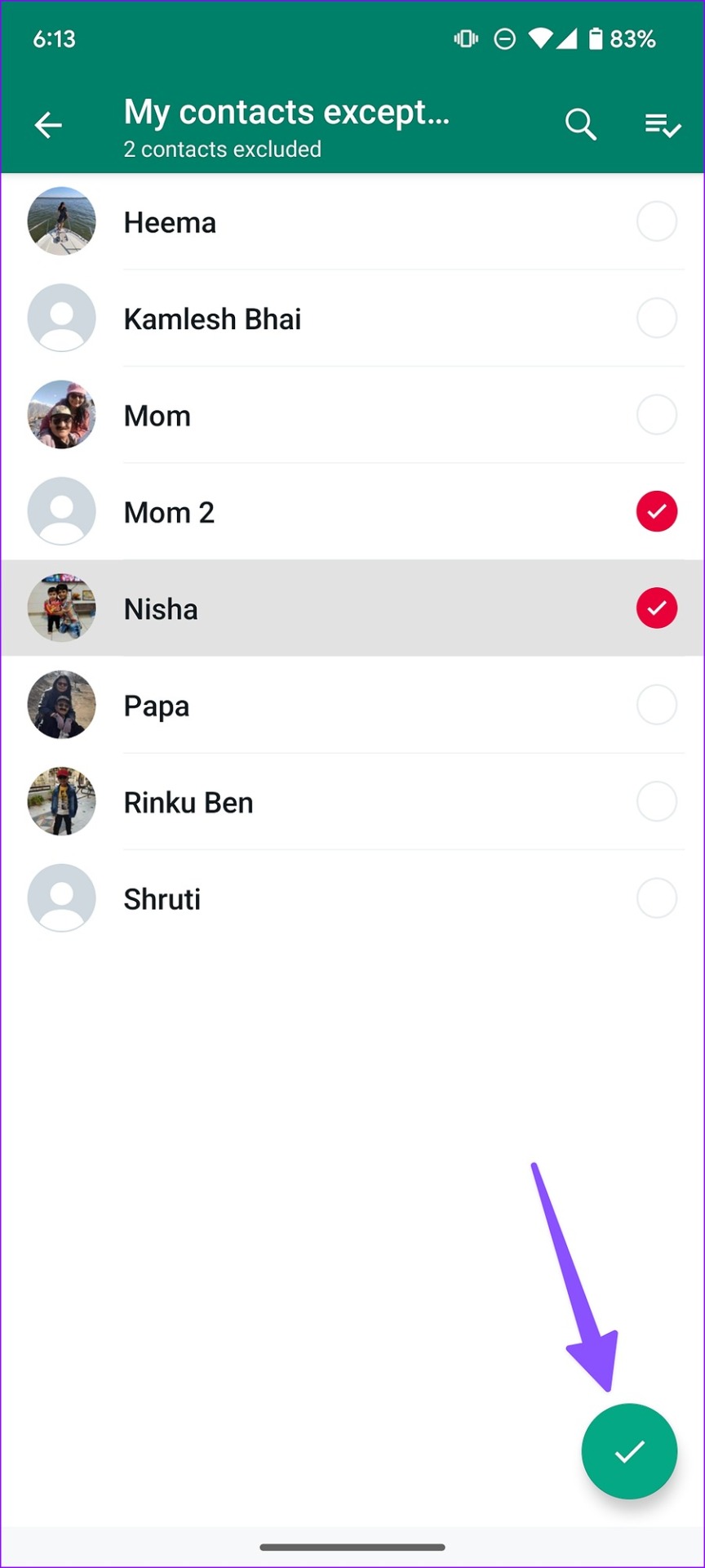 select contacts to hide online status from