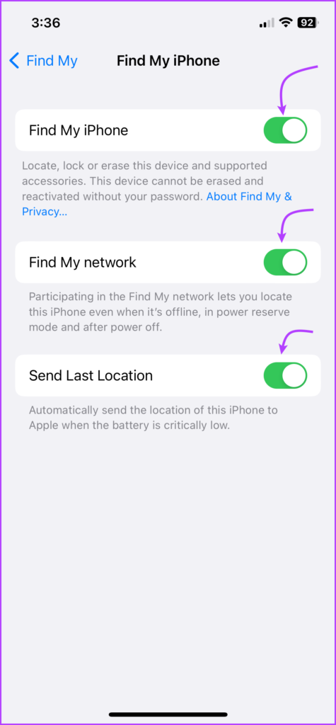 Toggle on Find My iPhone and other services