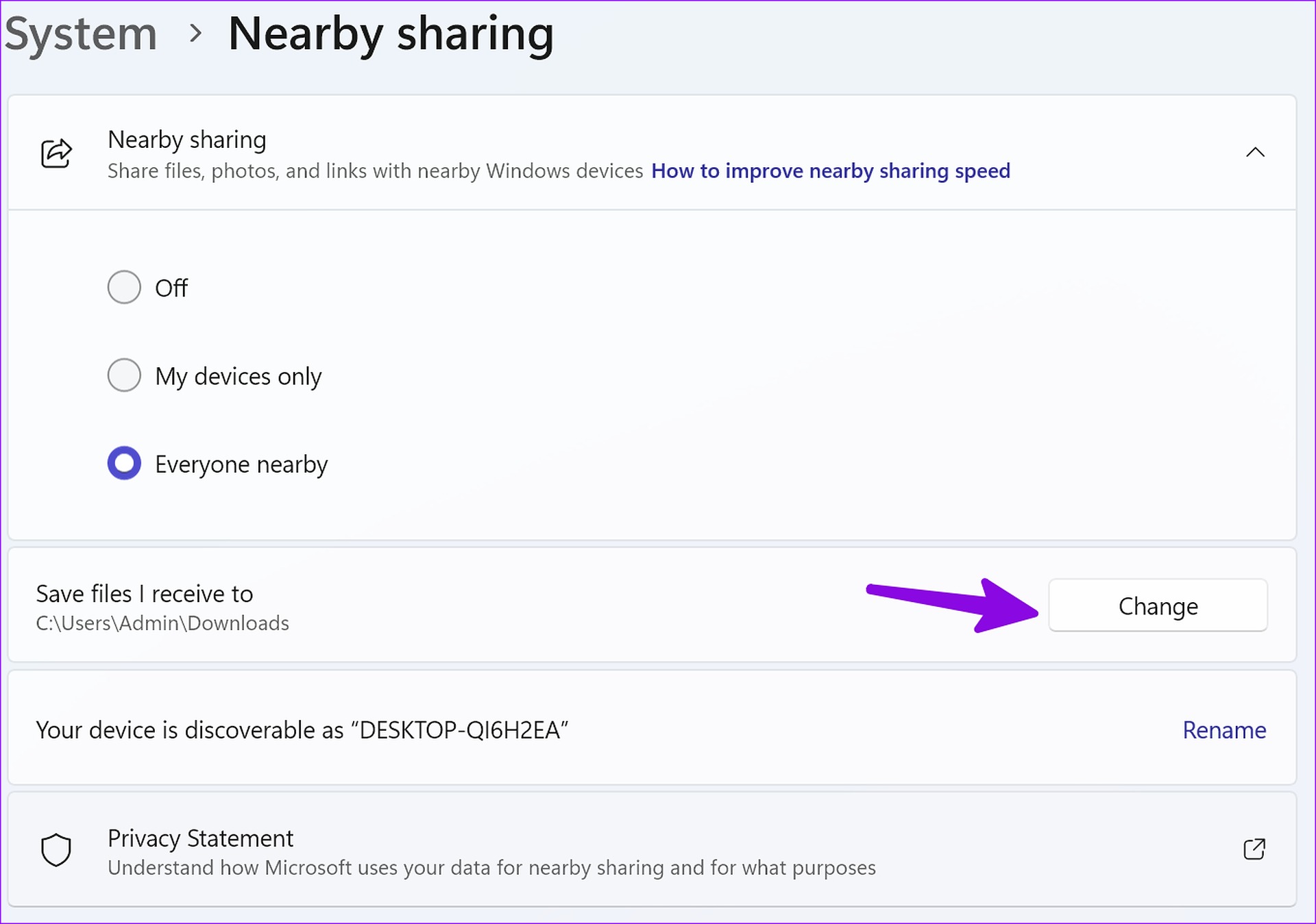 change destination folder for nearby sharing