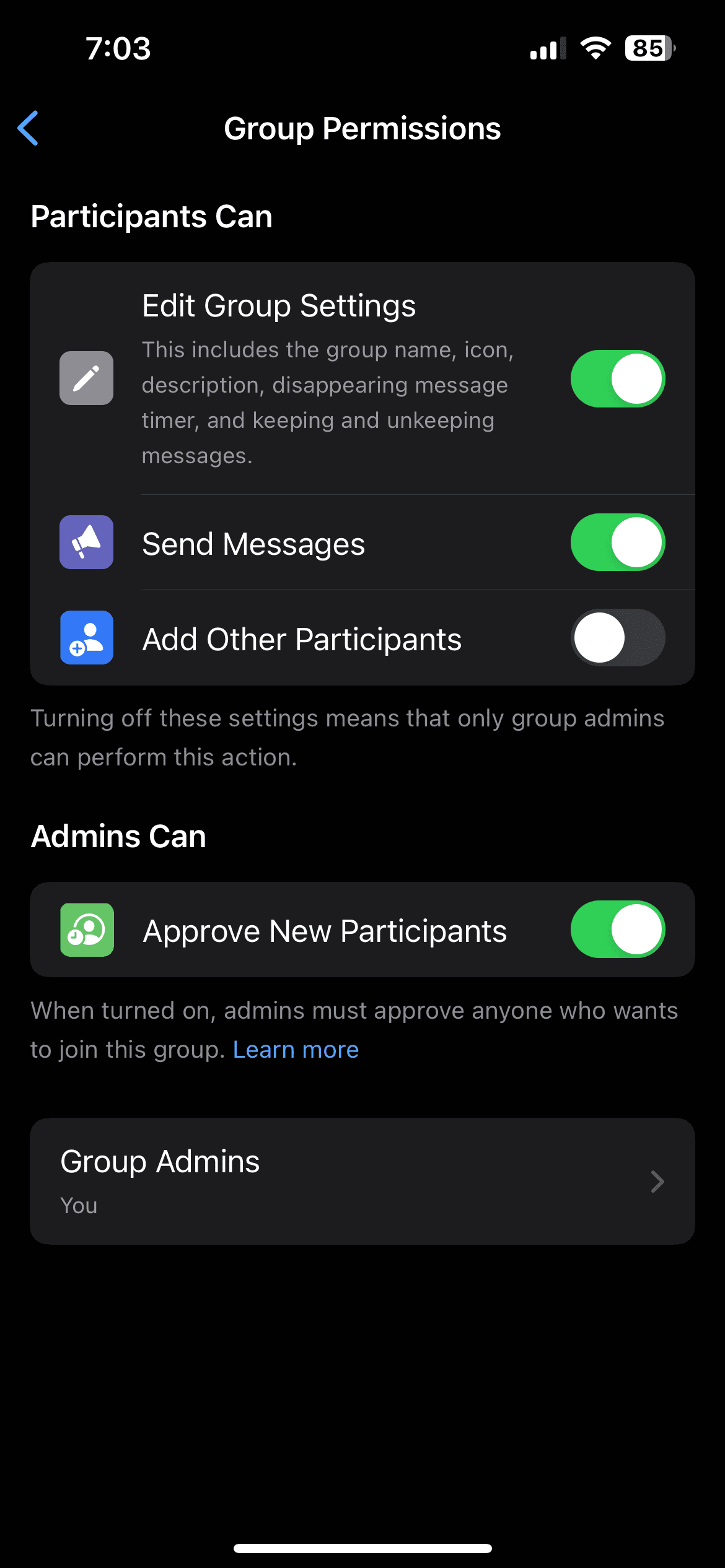group permissions WhatsApp settings iPhone